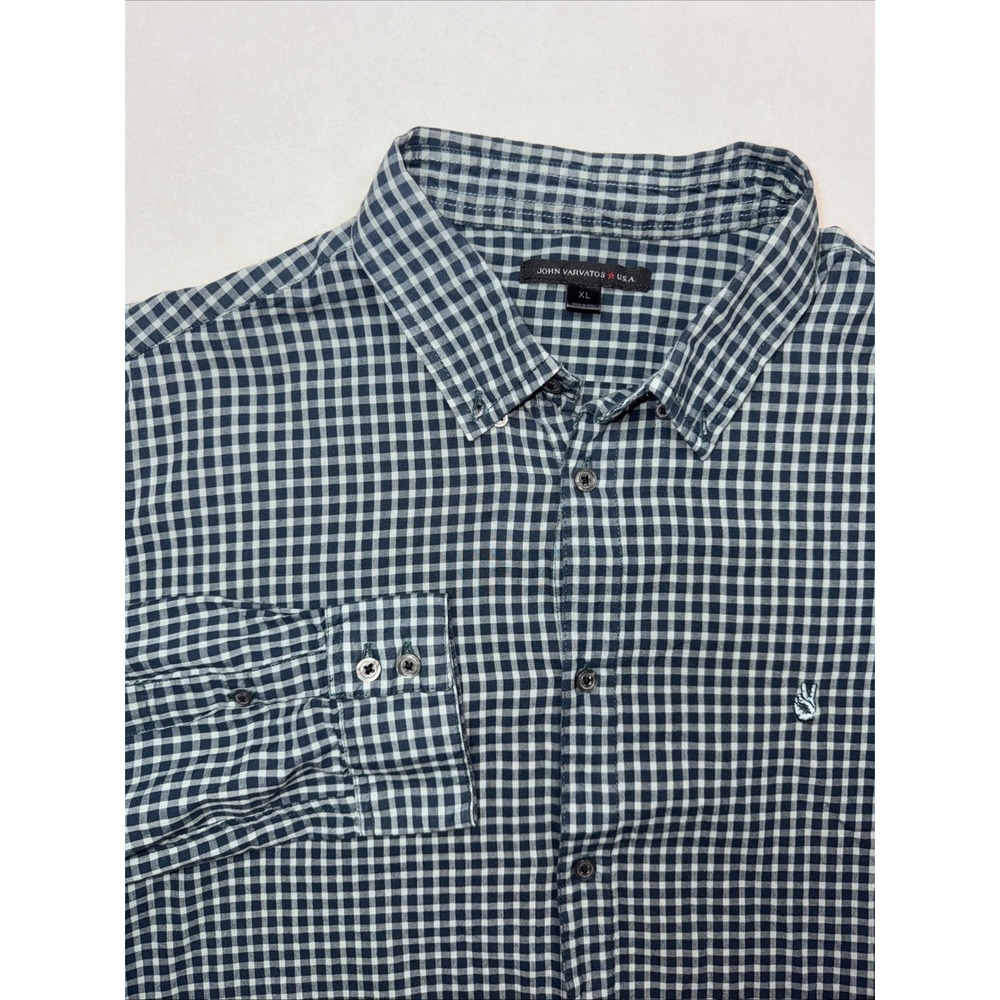 John Varvatos Shirt Mens XL Green Check Peace Sign Logo Button Up Casual USA